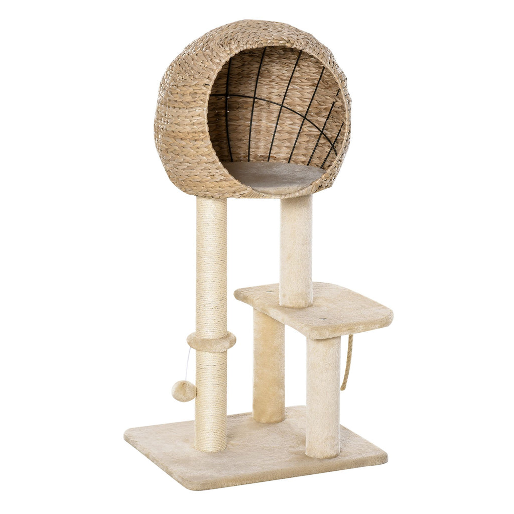 Modern Cat Tree with Sisal Scratching Post Condo and Hanging Rope 39"H, Beige