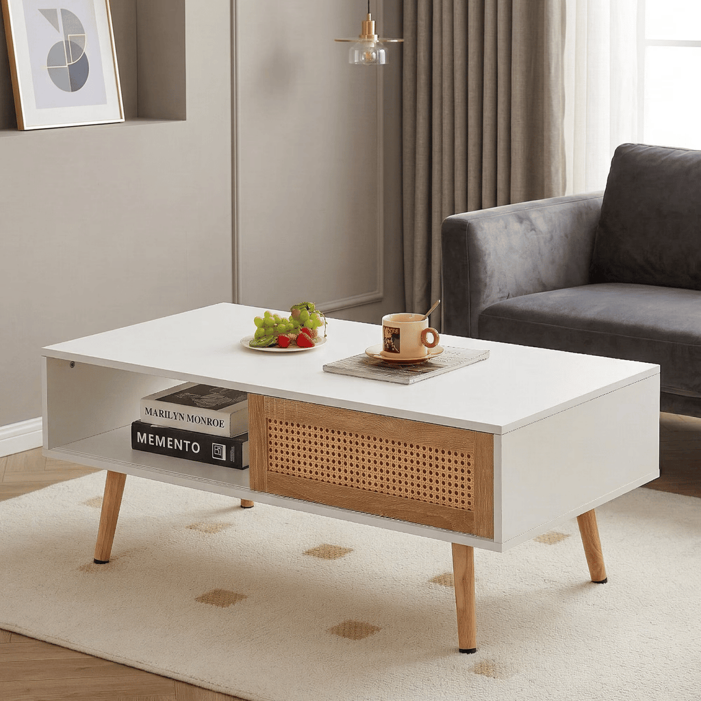 Modern CoffeeTablewithStorage,41.3 Inch Rectangle Wooden Accent Center Tables with Sliding PE Rattan Woven Door Panel and Solid Wood Legs, SuitableforLiving Room, Apartment,White
