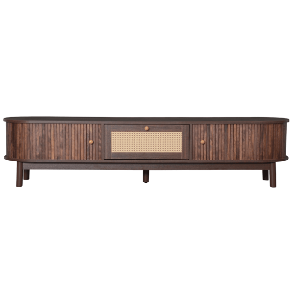 Modern Design TV Stand for 75" TVs, Media Console TV Cabinet with Rattan-Front Drawer for Living Room, 1 Drawer and 2 Sliding-Door Cabinets