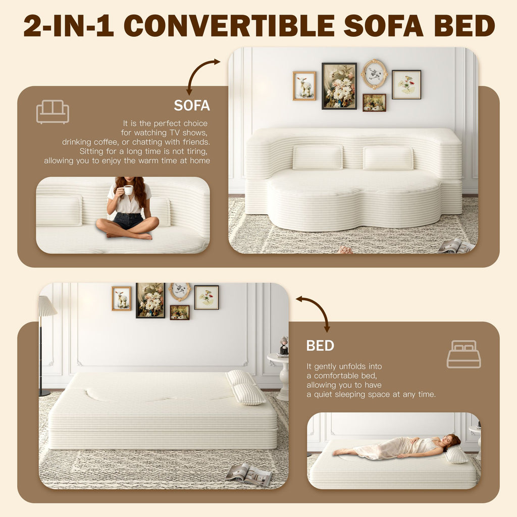 Modern Floor Sofa with 2 Pillows,Convertible Corduroy Fabric Foam-Filled Sleeper Sofa Bed,15" Twin Size Folding Mattress for Living Room,Guest Bed,Playroom,no assembly required,Beige/White