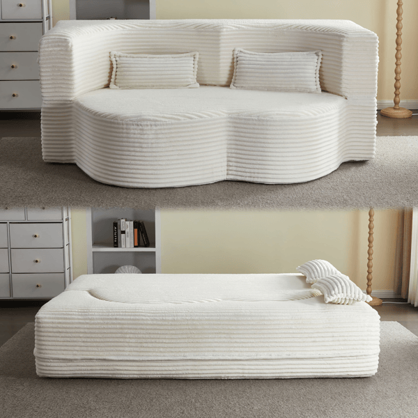 Modern Floor Sofa with 2 Pillows,Convertible Plush Corduroy Foam-Filled Sleeper Sofa Bed,15" Full Size Folding Mattress for Living Room,Guest Bed,no assembly required,Beige