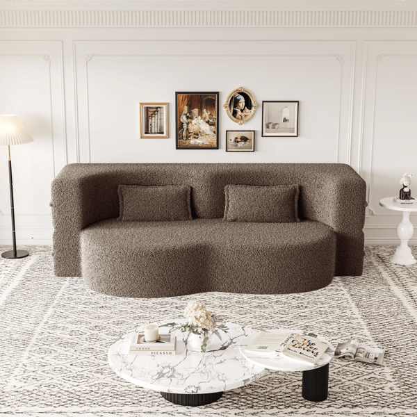 Modern Floor Sofa with 2 Pillows,Convertible Teddy Fabric Foam-Filled Sleeper Sofa Bed,15" Full Size Folding Mattress for Living Room,Guest Bed,Playroom,no assembly required,Brown