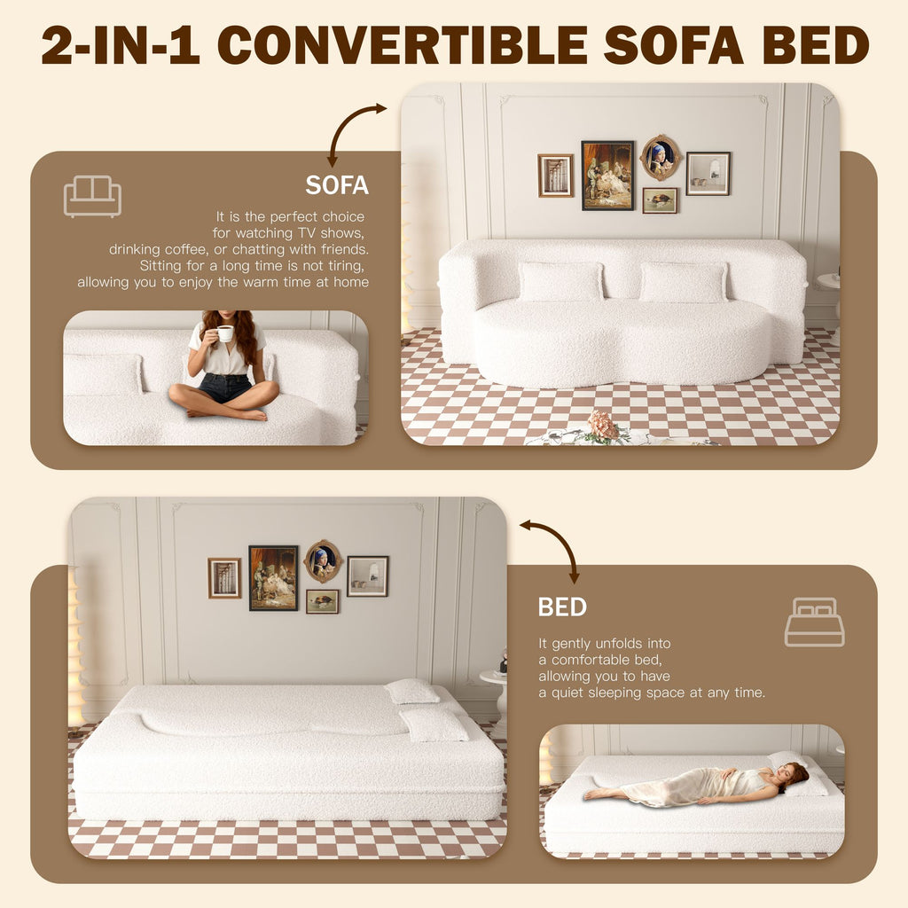 Modern Floor Sofa with 2 Pillows,Convertible Teddy Fabric Foam-Filled Sleeper Sofa Bed,15" Twin Size Folding Mattress for Living Room,Guest Bed,Playroom,no assembly required,Beige/White