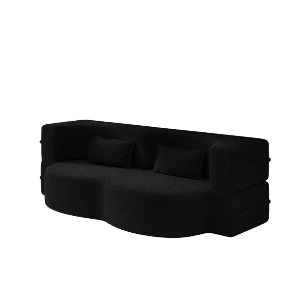 Modern Floor Sofa with 2 Pillows,Convertible Teddy Fabric Foam-Filled Sleeper Sofa Bed,15" Twin Size Folding Mattress for Living Room,Guest Bed,Playroom,no assembly required,Black
