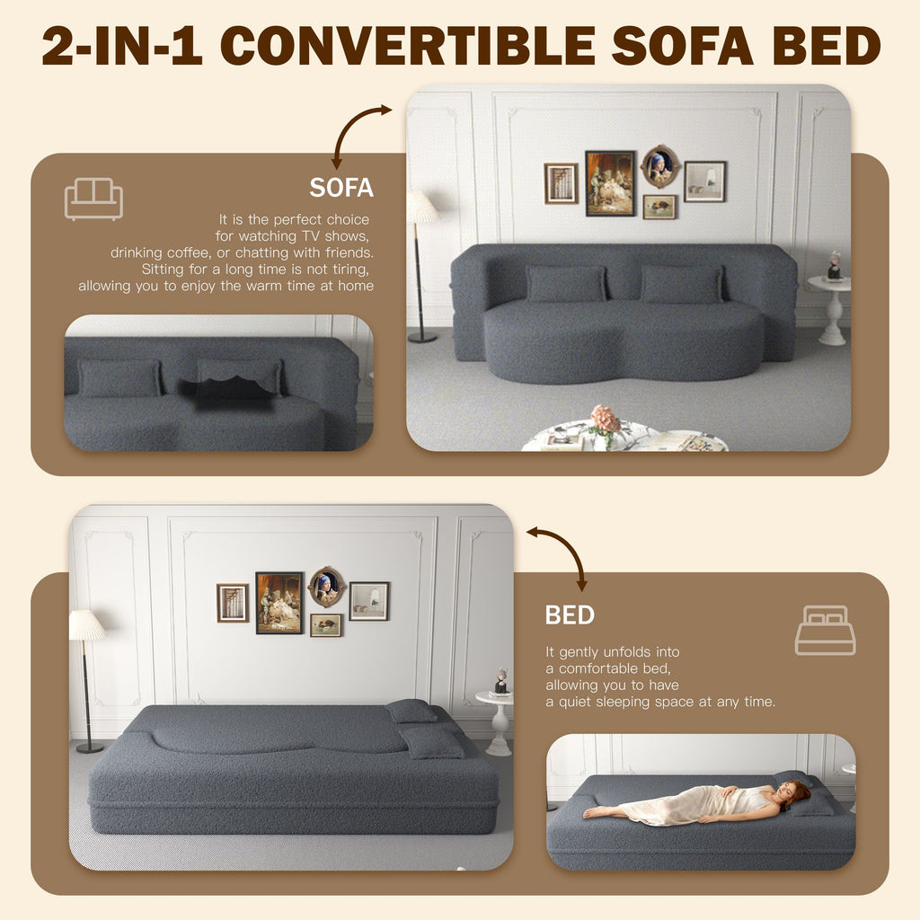Modern Floor Sofa with 2 Pillows,Convertible Teddy Fabric Foam-Filled Sleeper Sofa Bed,15" Twin Size Folding Mattress for Living Room,Guest Bed,Playroom,no assembly required,Dark Grey