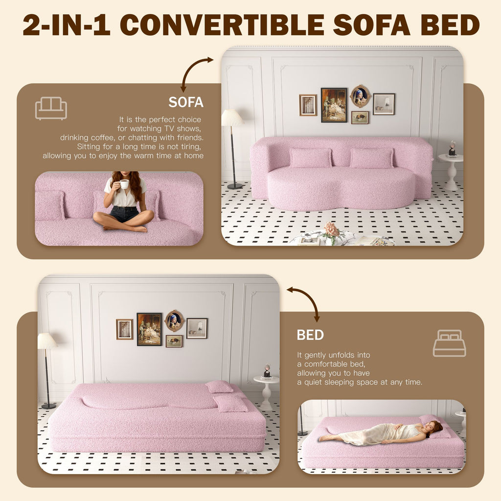 Modern Floor Sofa with 2 Pillows,Convertible Teddy Fabric Foam-Filled Sleeper Sofa Bed,15" Twin Size Folding Mattress for Living Room,Guest Bed,Playroom,no assembly required,Pink