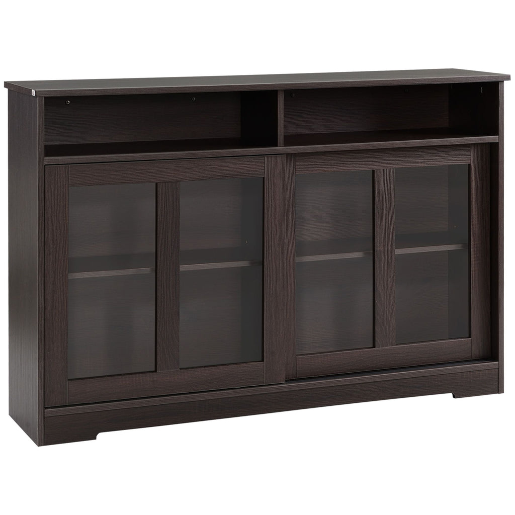 Modern Kitchen Buffet Cabinet, Storage Sideboard, Sliding Glass Doors Cupboard with Adjustable Shelf, Dark Brown