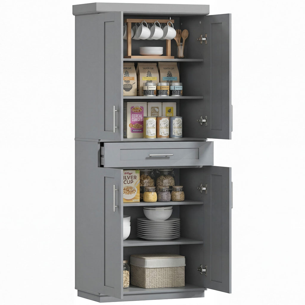 Modern Kitchen Pantry Freestanding Cabinet Cupboard with Doors and Drawer, Adjustable Shelving, Gray