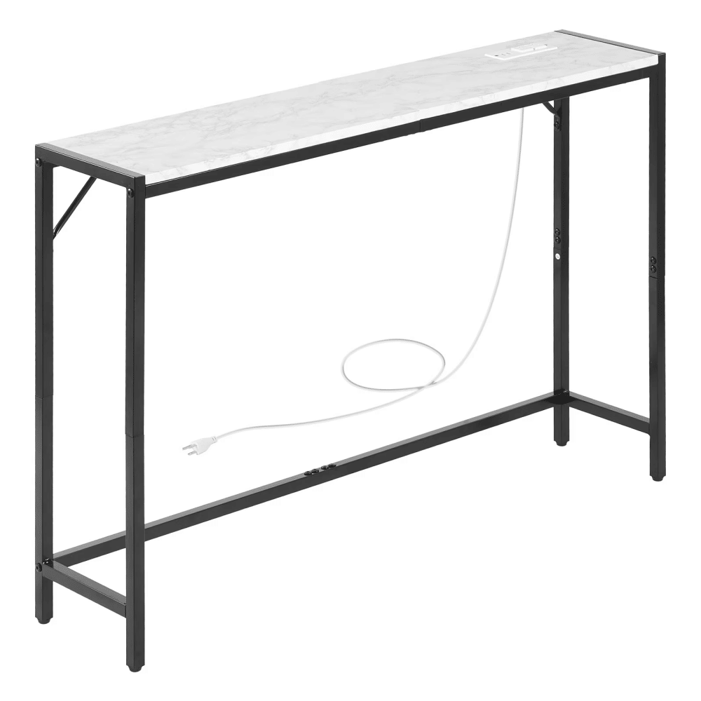 Modern Marble ConsoleTablewith Power Outlet, Slim Sofa SideTableFeaturing Iron Tubes, Anti-TipDesign, and Triangular Support for Living Room, Hallway, Entryway, or Foyer