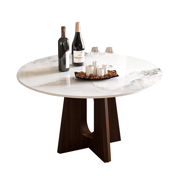 Modern Marble Dining Table, 53" Sintered Stone Round Dining Table with Solid Wood Walnut Base, Sturdy Cross Design for 4-6 People-Walnut (Only Table)
