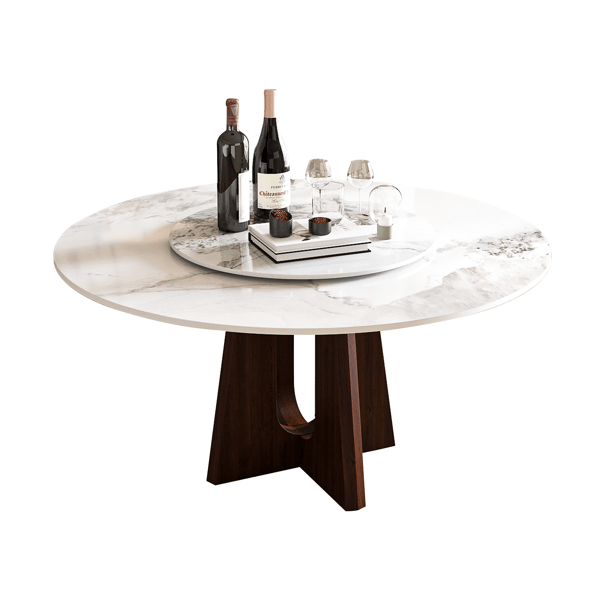 Modern Marble Dining Table, 59" Sintered Stone Round Dining Table with Solid Wood Walnut Base, Sturdy Cross Design for 6-8 People-Walnut (Only Table)