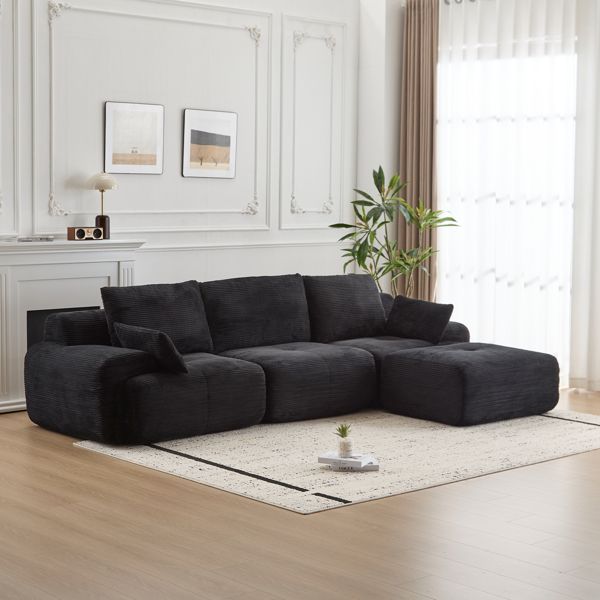 Modern Memory Foam Compressed Sofa,Large Sectional Couches for Living Room,Pet-Friendly Cloud Modular Sectional Sofa,Corduroy Fabric,Extra Deep Loveseat,No Assembly required, Black