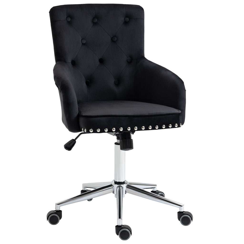 Modern Mid-back Desk Chair with Button Tufted Velvet Back, Nailhead Trim, Swivel Home Office Chair with Adjustable Height, Curved Padded Armrests, Black
