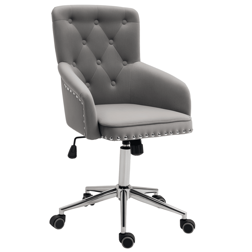 Modern Mid-back Desk Chair with Button Tufted Velvet Back, Nailhead Trim, Swivel Home Office Chair with Adjustable Height, Curved Padded Armrests, Gray