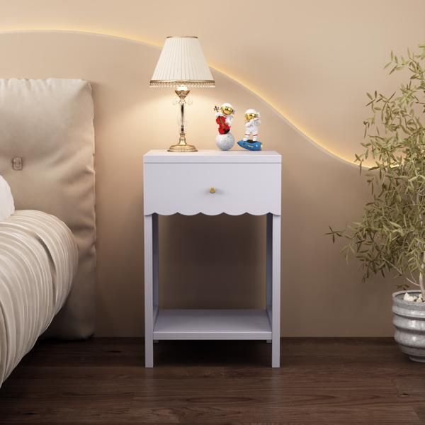Modern Nightstand with Drawer and Open Shelf,Scalloped Edge Bedside Table for Bedroom, Cute Minimalist Side Table for Kids Room or Girls' Room,Light Purple