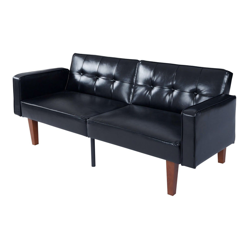 Modern PU Leather Futon Sofa with Tufted Backrest, Adjustable Reclining Couch with Wood & Metal Legs, Mid-Century Style Sofa for Living Room