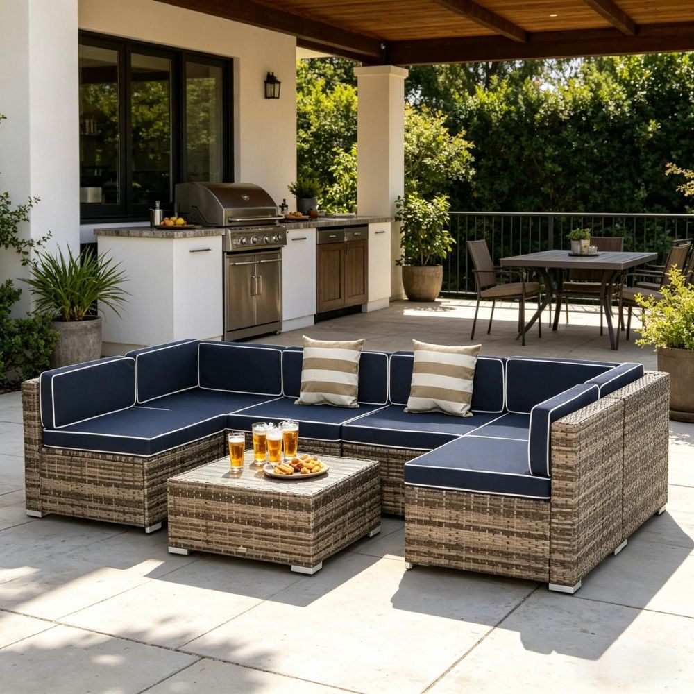 Modern Rattan Sofa with 7 Piece and Adjustable Feet 29.5 Inches for Outdoor