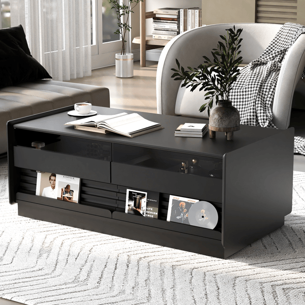 Modern Rectangle Coffee Table with 4 Drawers and 2 Display Shelves, 47.2" Wood Coffee Table with Fluted Style, Tempered Glass for Living Room