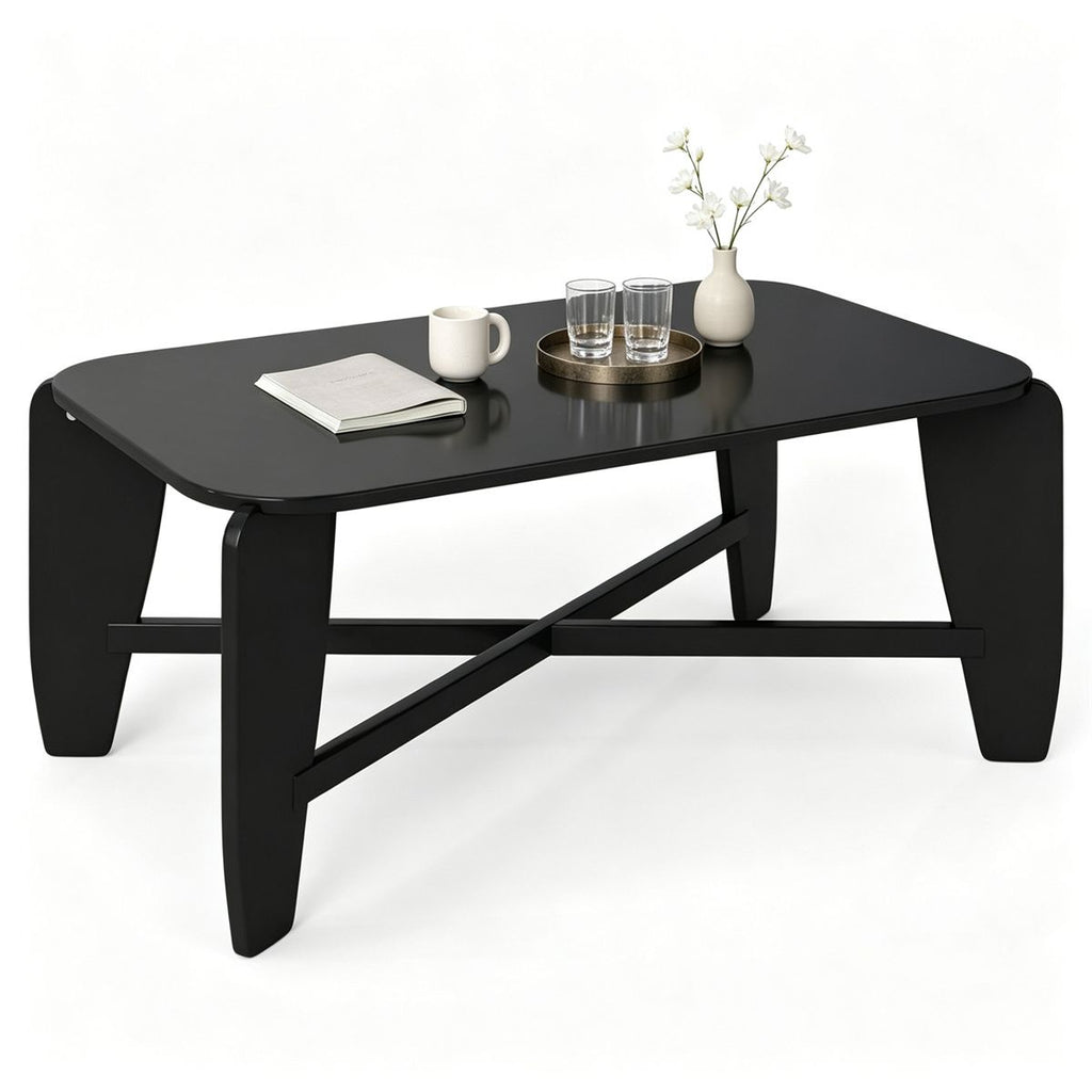 Modern Rectangular Coffee Table, Engineered Wood Center Table with Rubber Wood CrossLeg Base, 132 LBS Capacity Minimalist Sofa Table for Living Room Home Office - Black