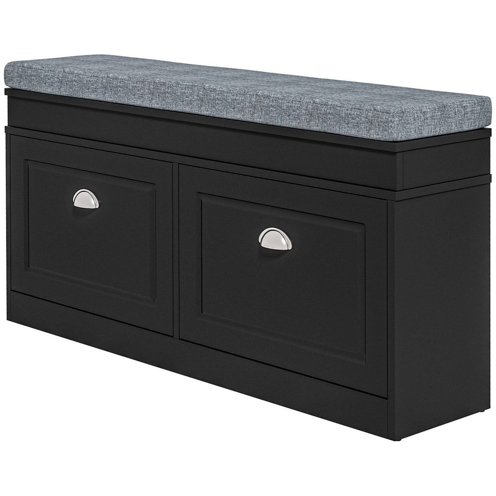 Modern Shoe Storage Bench Black Entryway Bench with Cushion 2 Drawers Ottoman Holds 8 Pairs