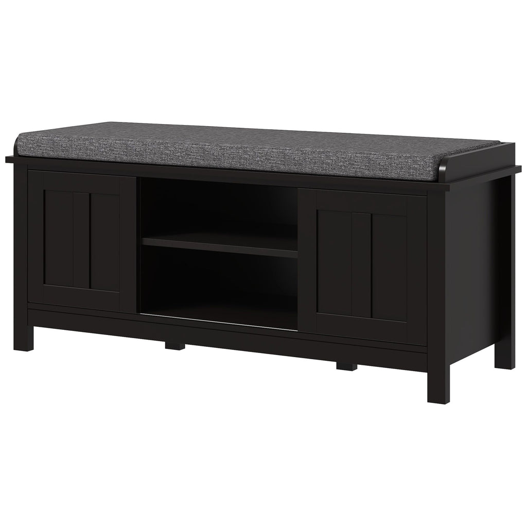 Modern Shoe Storage Bench Entryway with Cushion 2 Sliding Doors Ottoman Bench Holds 10 Pairs Black