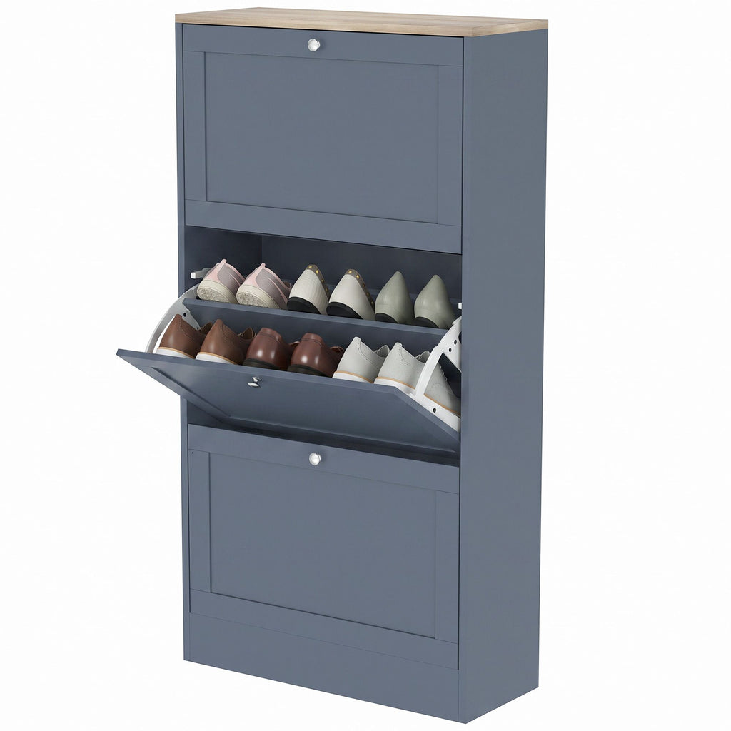 Modern Shoe Storage Cabinet with 3 Flip Drawers and Adjustable Shelves for 12-18 Pairs of Shoes, Blue