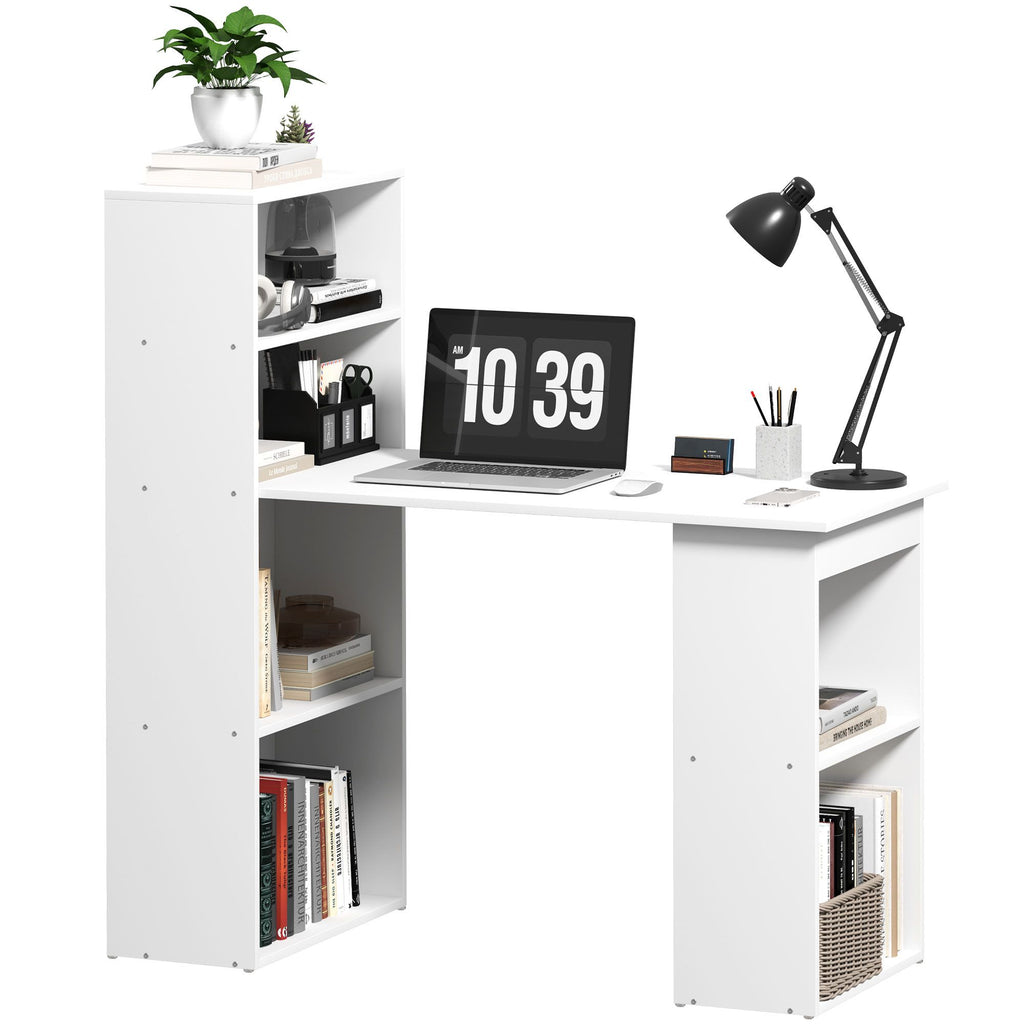Modern Small Computer Desk with 6-Tier Storage Shelves Combo, Multipurpose Industrial Wood Desk Workstation for Home Office, White