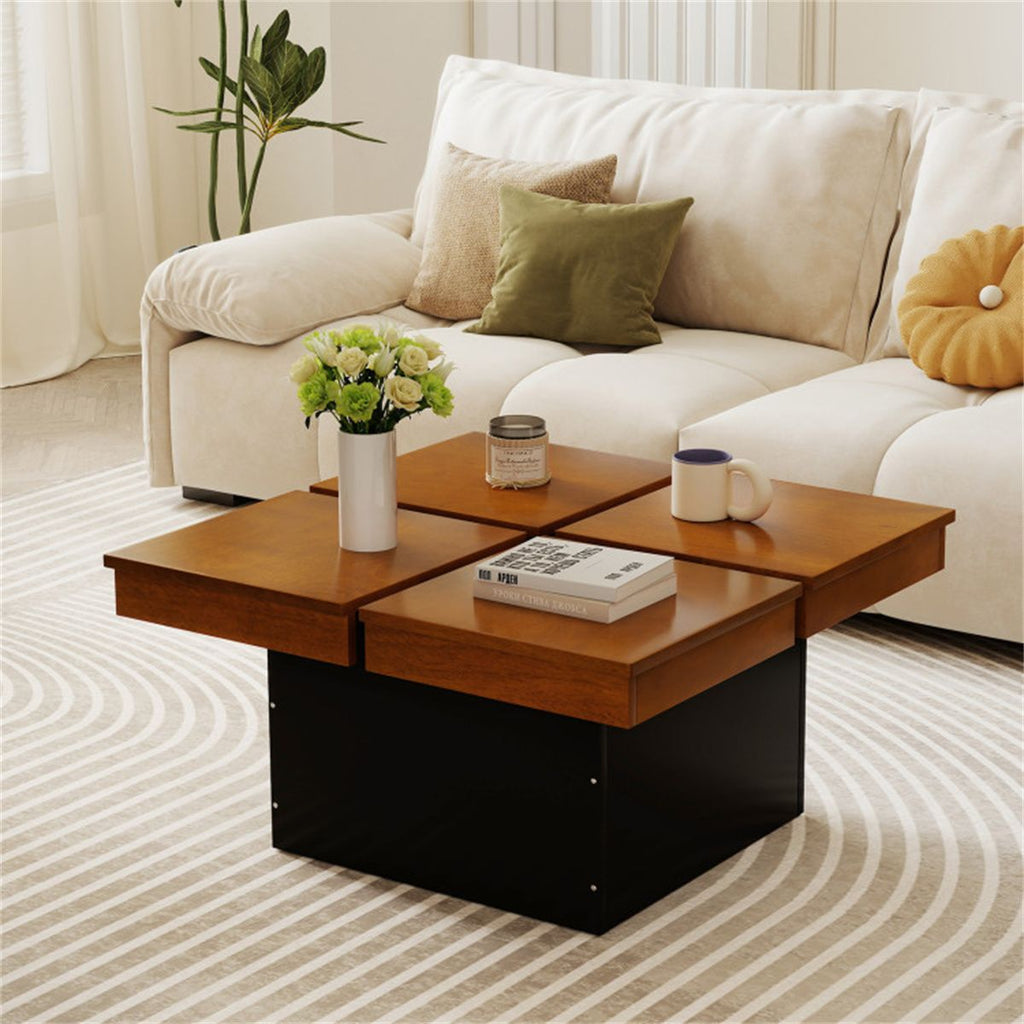 Modern Square Floating Coffee Table Okume Wood Veneer 4-Section Storage Walnut & Black