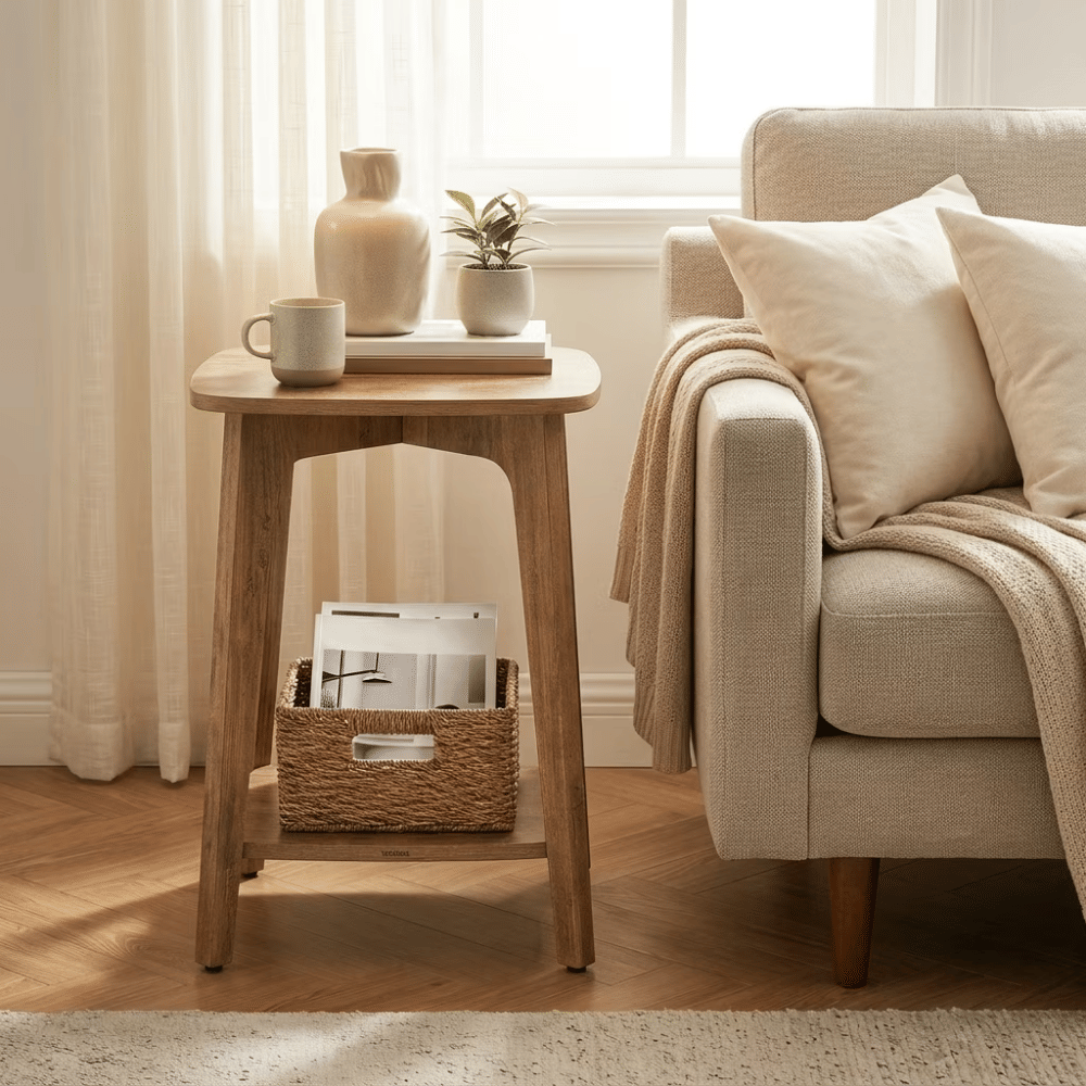 MODERN Square SideTablewithStorageShelf, AccentTable, EndTable,HoneyBrown