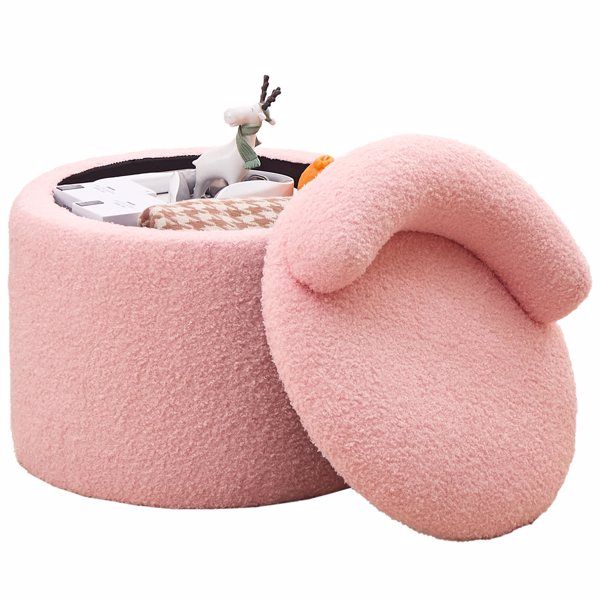 Modern Storage Ottoman – Round Teddy Velvet Upholstered Stool with Low Back, Plush Footrest for Bedroom, Living Room, and Lounge(Pink)
