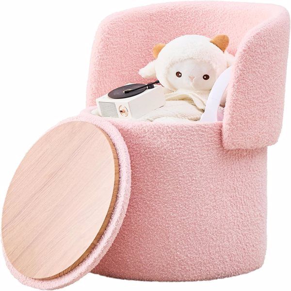 Modern Storage Ottoman – Vanity Stool with Foldable Backrest, Teddy Velvet Footstool, Extra Seating, Small Side Table & Footrest for Bedroom, Makeup Room (Pink)