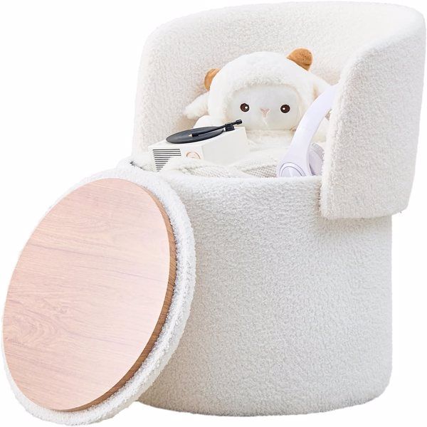 Modern Storage Ottoman – Vanity Stool with Foldable Backrest, Teddy Velvet Footstool, Extra Seating, Small Side Table & Footrest for Bedroom, Makeup Room (White)