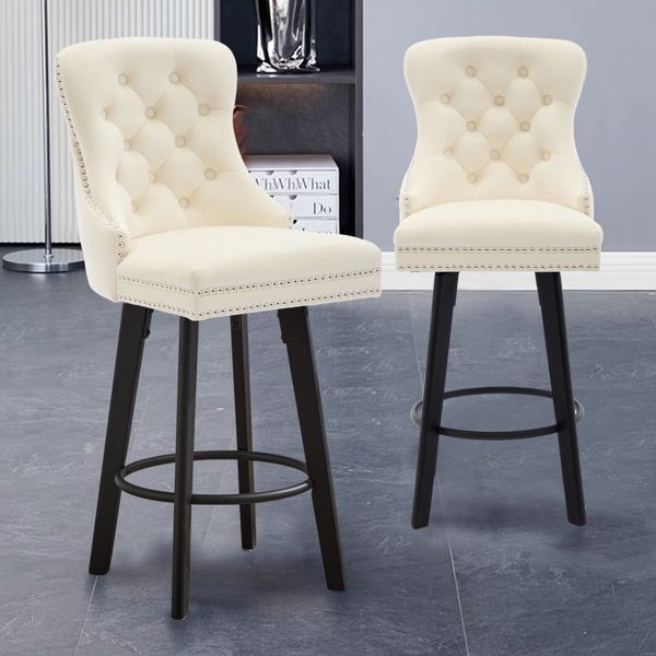 Modern Swivel Bar Stools Velvet Barstools Button Tufted Bar Stools Rivet Trim Bar Stools for Kitchen Island,Bistro, with Metal Pull Ring Sturdy Footrest Large Backrest for Home Bar