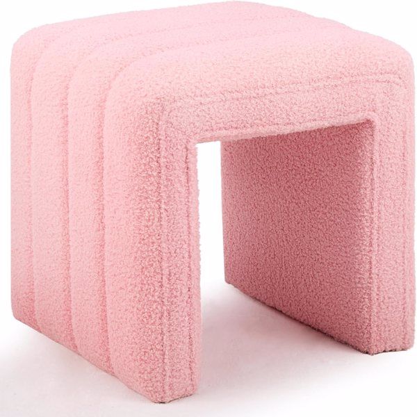 Modern Teddy Velvet Ottoman – Footrest, Vanity Stool, and Shoe Bench for Makeup Room, Living Room, Entryway, and Office Décor(Pink)
