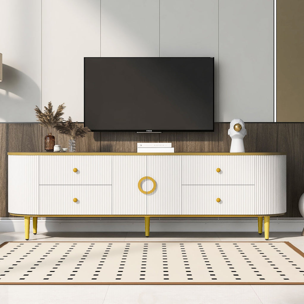 Modern TV Stand for TVs up to 80 Inches, Entertainment Center with 4 Drawers and 1 Cabinet, Wood TV Console Table with Metal Legs and Handles for Living room