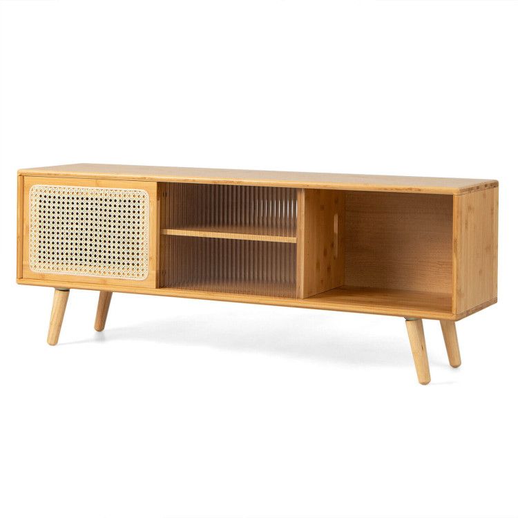 Modern TV Stand with Rattan Glass Sliding Doors