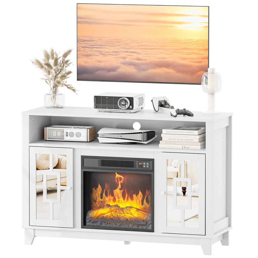 Modern White Embossed Fireplace Media Console, Twin Mirror Doors for 18" Fireplace Insert (Honeycomb Particle Board)