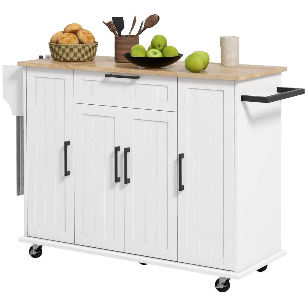 Modern White Kitchen Island Cart with Natural Wood Top, Drawers, Towel Rack & Cabinet
