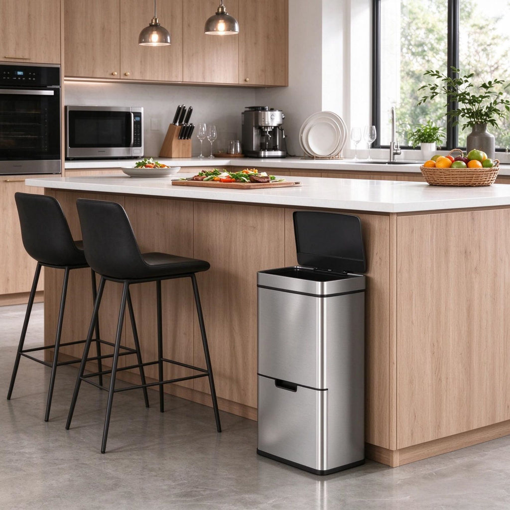 Motion Sensor Kitchen Trash Can, 19 Gal 3-Compartment Stainless Steel Garbage Bin with Infrared Lid, Silver