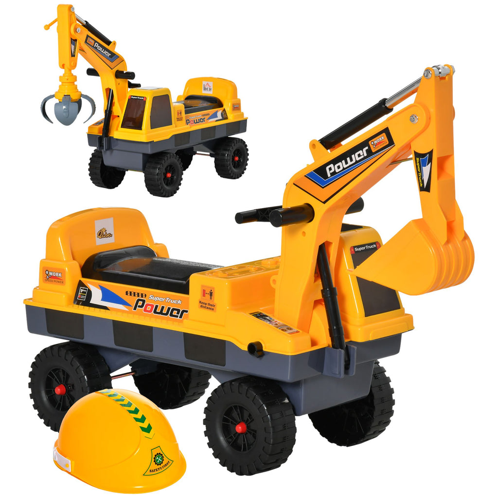 Multi-functional Construction Ride-On Excavator Digger Toy, Bulldozer with Storage, Light, Music, Yellow