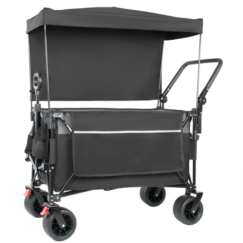 Multi-Functional Push-Pull Folding Wagon Cart with Rotating Handle & Canopy, 7''x4''All-Terrain Wheels & Brakes, Load Capacity 480lbs, 300L Large Capacity for Transport, Groceries, Outdoor Use, Black