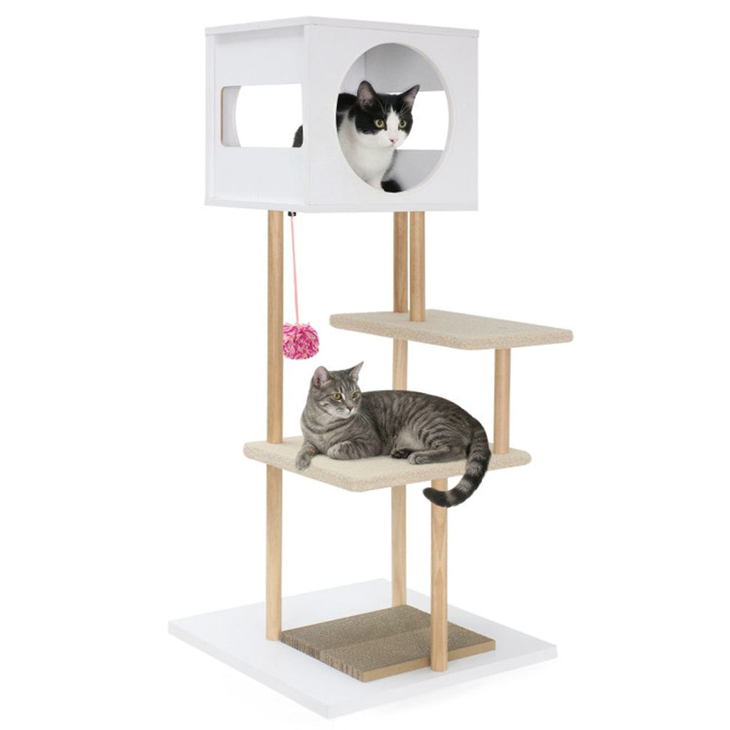 Multi-Level Cat Tree with 2 Scratching Pads, Dual-Door Cat Condo & Anti-Tipping Kit for Indoor Cats