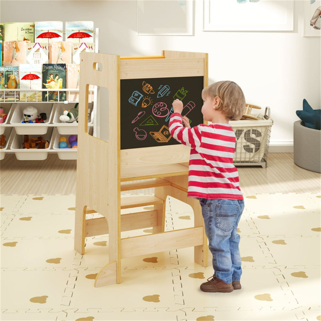 Multi-Use Toddler Kitchen Step Stool With Activity Chalkboard Adjustable Height & Rail - Natural