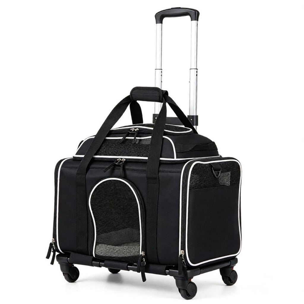 Multi-Way Portable Pet Rolling Carrier Trolley, Aluminum Alloy Frame Collapsible Pet Travel Bag with Safety Leash Padded Carry Handle for Vet Visits Road Trips Daily Walking Black
