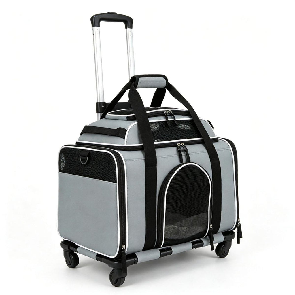 Multi-Way Portable Pet Rolling Carrier Trolley, Aluminum Alloy Frame Collapsible Pet Travel Bag with Safety Leash Padded Carry Handle for Vet Visits Road Trips Daily Walking Gray
