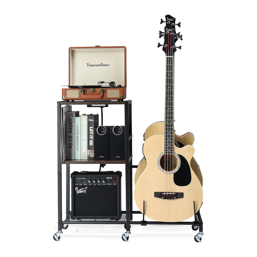Multifunction Guitar Stand with 3 USB Ports and 2 AC Outlets, and 2-Tier for Acoustic, Electric Guitar, Bass, Guitar Rack Holder Adjustable for Guitar Amp Accessories, Vinyl record player