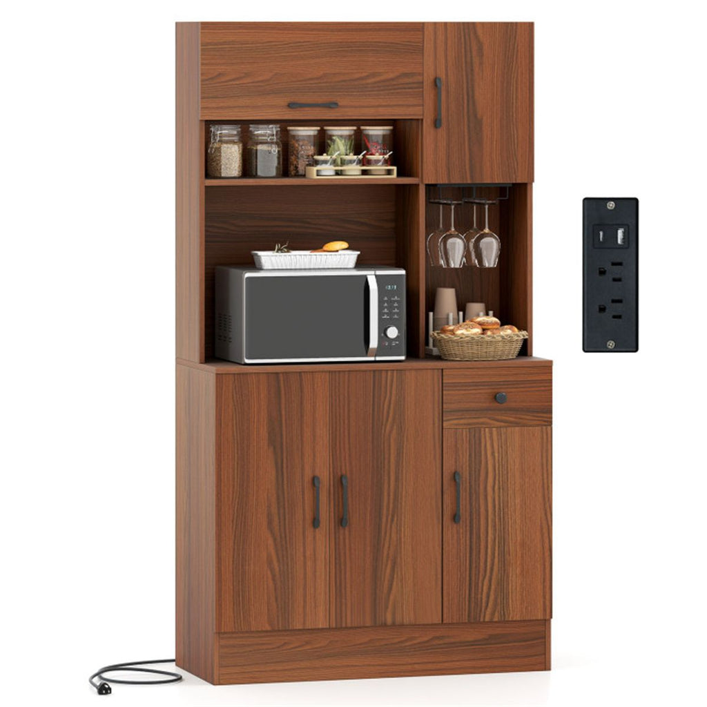 Multifunctional Kitchen Cupboard with Adjustable Shelves, Stemware Rack & Drawer, Anti-Toppling Design
