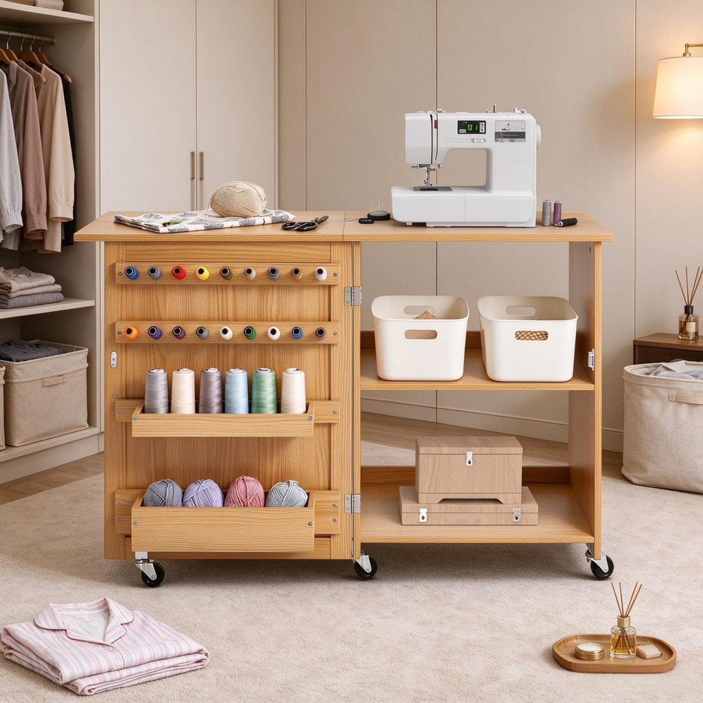 Multipurpose Folding Sewing Table, Compact Sewing Machine Cabinet with Wheels, Storage Shelves, Trays & Magnetic Doors