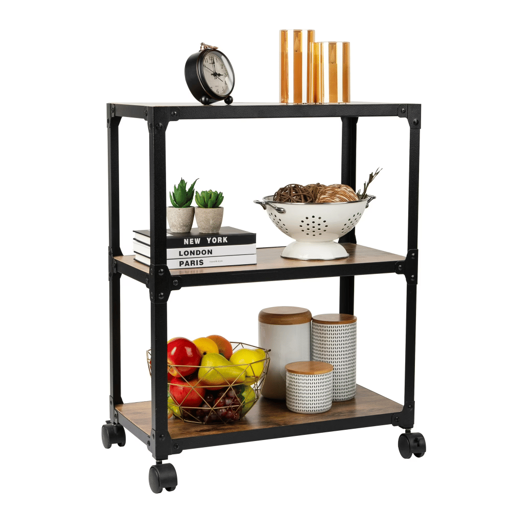 Multipurpose Rolling Cart with 3 Tiers, Mobile OfficeStorageOrganizer, Metal, MDF, Brown