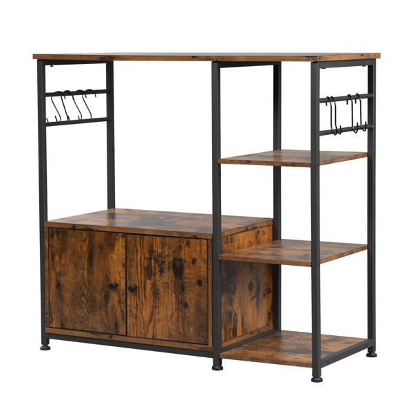 Multiuse 4-Tier Kitchen Bakers Rack with 1 Cabinet and 8 Hooks, Microwave Storage Rack Oven Stand, Utility Storage Organizer Cabinet